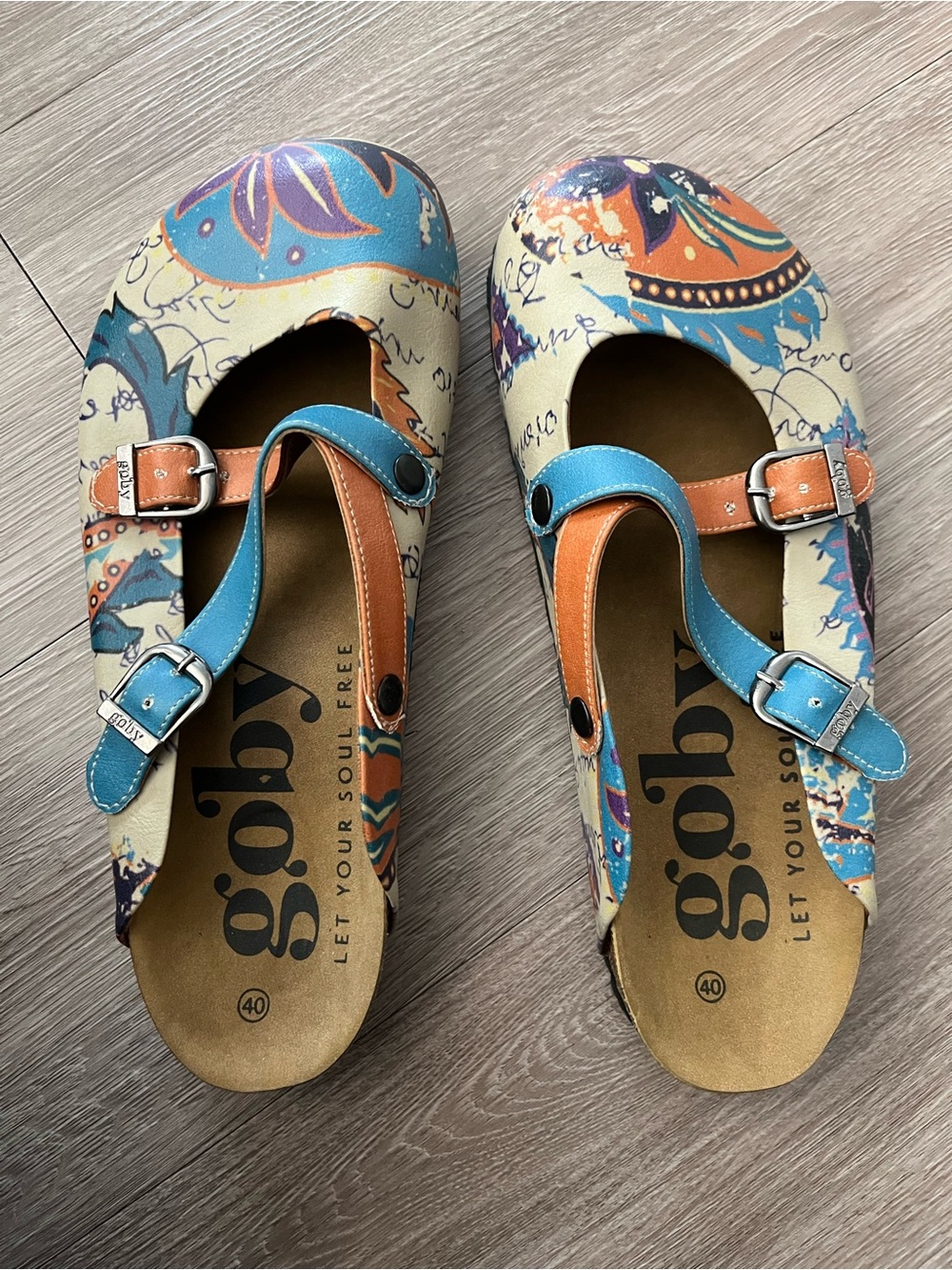 Goby Women's Multicolor Printed Mary Jane Clog - Blue & Orange